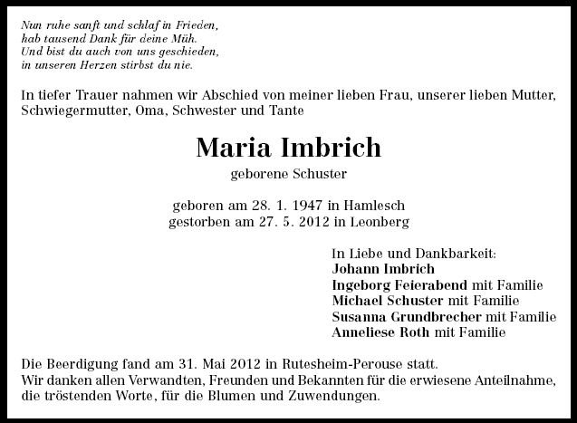 Schuster Maria 1947-2012 Todesanzeige